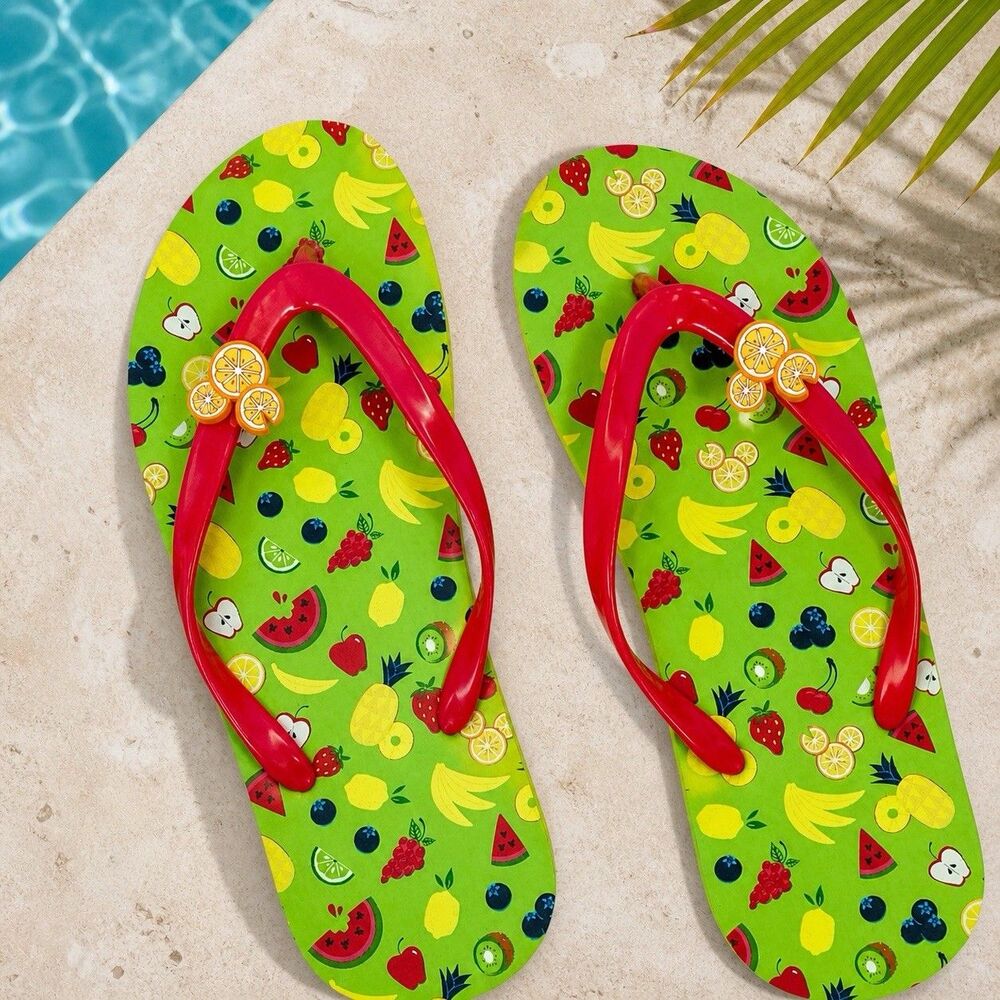 Disney Flip Flops Womens 8 Green Fruit Tropical Sandals Mickey Beach Summer New